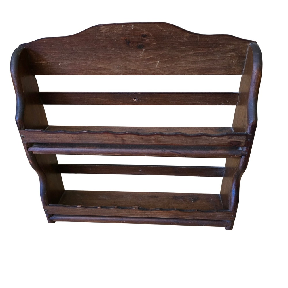 Vintage Wooden Spice Rack Wall Mount 2 Tier Scalloped Rustic Farmhouse Brown